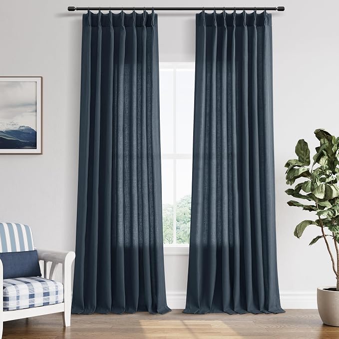 Vintage Blue Pinch Pleated Linen Curtains 108 Inch Length 2 Panels for Living Room Bedroom Vintage Farmhouse Country Privacy Light Filtering Semi Sheer Back Tab Drapes with Hooks for Nursery 40x108