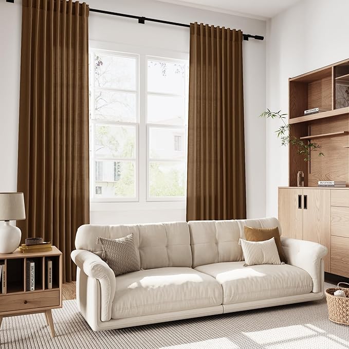 Tobacco Brown Linen Curtains 120 Inch Extra Long for Living Room Back Tab Light Filtering Semi Sheer Drapes Modern Farmhouse Decor Curtain for Floor to Ceiling High Window 52x120,2 Panels