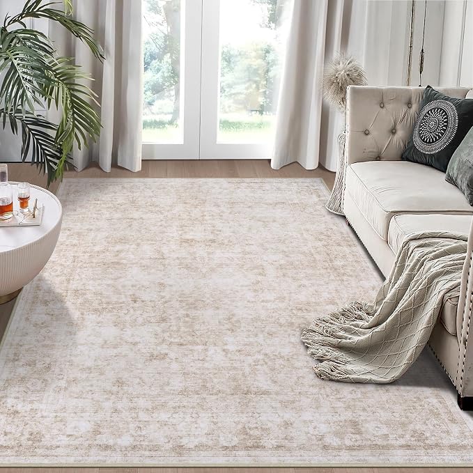 6x9 Area Rugs for Living Room Rug Washable: Modern Rug for Dining Room Bedroom Carpet Non Slip Low Pile 6 by 9 Indoor Abstract Nursery Home Office Beige White
