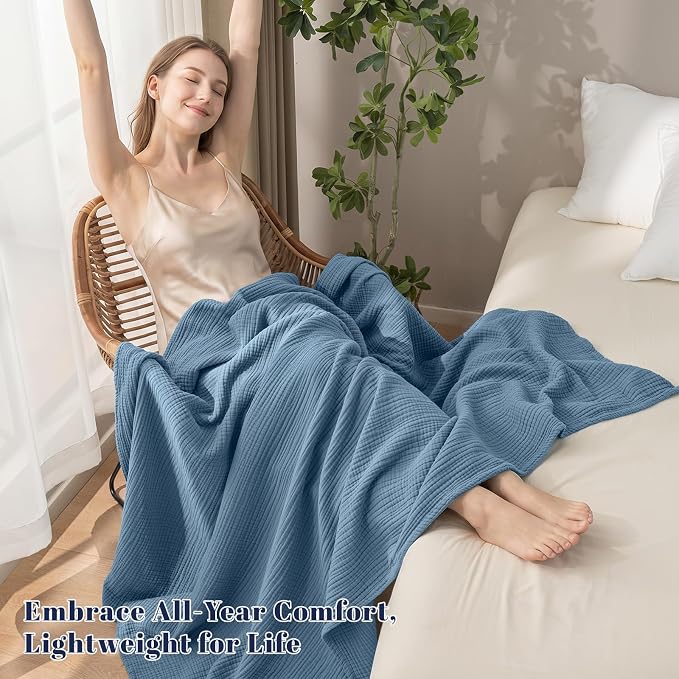 PHF 100% Cotton Muslin Throw XL Blanket Large 50" x 70", 4-Layer Lightweight Gauze Throw, Breathable Cloud-Soft Minimalist Blanket for Bed, Couch, Camping & Baby, Denim Blue, Ideal Gift