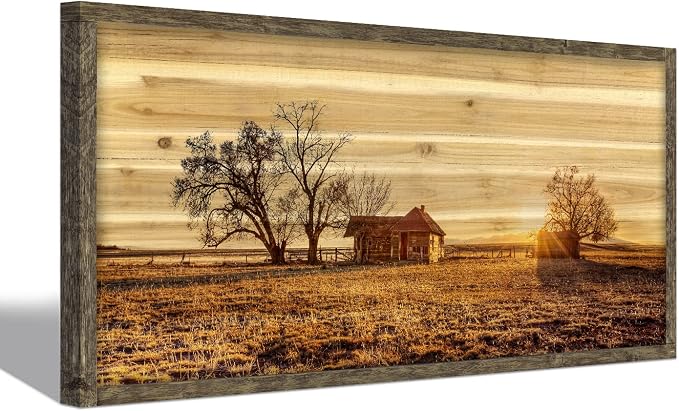 Farmhouse Picture Framed Wall Art: Large Bedroom Wooden Farm Country Painting Horizontal Old Barn Cabin Sunset View Artwork Big Panoramic Nature Landscape Natural Scene Print for Home Living Room