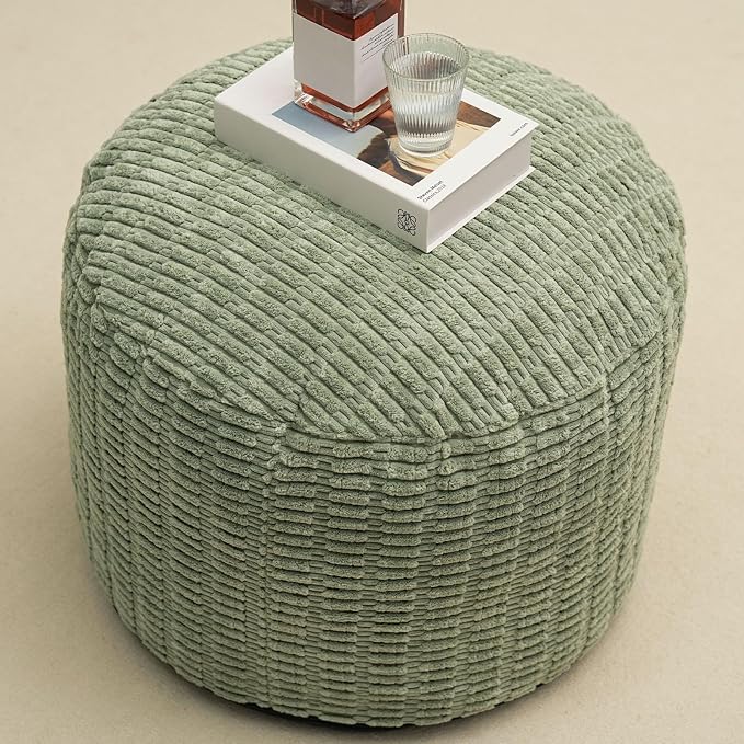 Round Stuffed Pouf Ottoman for Foot Rest, Storage Ottoman Pouf Foot Stool Cushion, Faux Fur Poufs with Foam Chunk Filling, 26 X 18 Inch Floor Chair for Living Room Bedroom Home Decor, Green