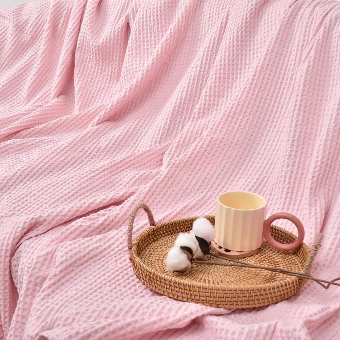 PHF 100% Cotton Waffle Weave Family Blanket Oversized King 120"*120", Pre-Washed Lightweight Breathable for Spring Summer, Machine Washable,10'x 10' Huge Extra Large Big, Home Decoration Gift - Pink