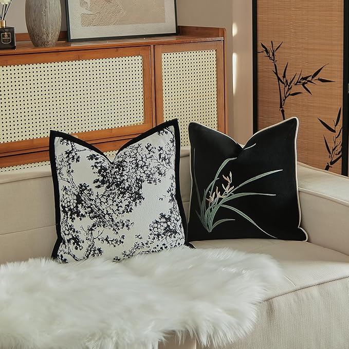 Croker Horse 20x20'' inches Throw Pillow Cushion Covers - Black Embroidery Pine Tree Luxury Modern Style with Tassel Couch Sofa Pillow Cover for Living Room Bedroom
