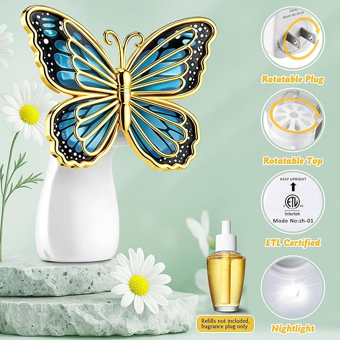Hohean Wall Fragrance Plug in Compatible with Bath and Body Works WallFlower, Scent Diffuser with Night Light, ETL Certified, Long Lasting Scented Warmer Diffuser Home Office(Blue Butterfly)