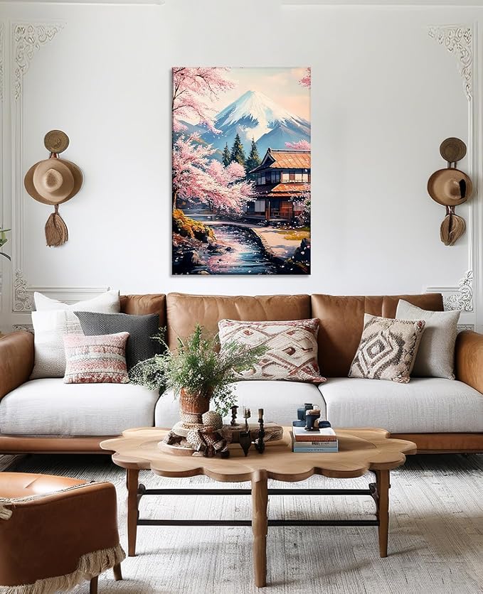 Japanese Wall Art Asian Landscape Canvas Prints Pink Cherry Blossom Trees with Cabin Picture Nature Painting for Bathroom Living Room Bedroom Modern Home Office Wall Decor(Art-3,12.00x18.00 inch)
