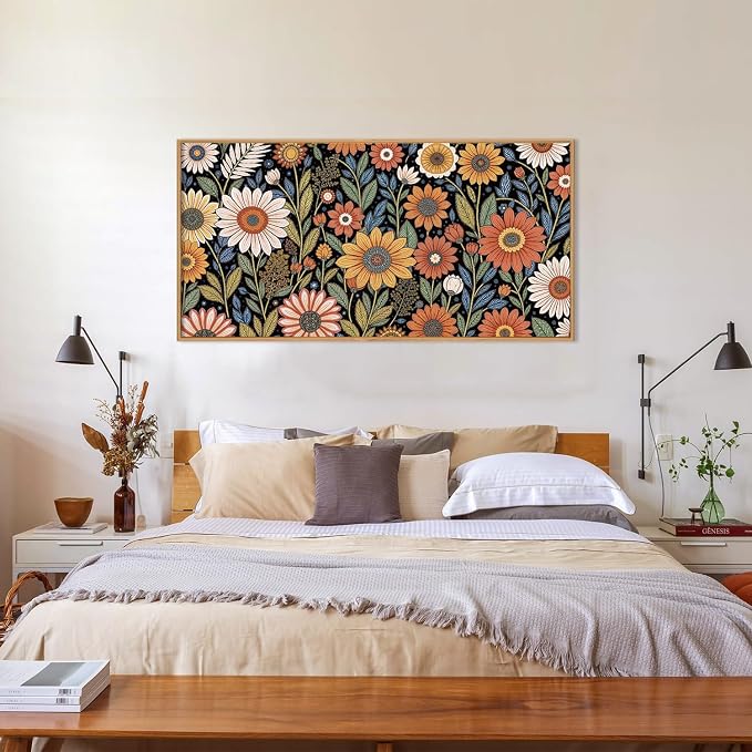 LHIUEM Large Abstract Boho Flower Framed Canvas Wall Art Set,Vintage Colorful Floral Wall Decor,Retro Wildfower Plant Painting,Botanical Artwork for Living Room,Bedroom,Dining Room,Office -20"x40"x1
