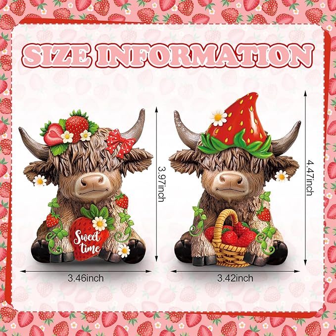 Karenhi 2 Pcs Strawberry Highland Cow Figurines, Strawberry Cute Resin Cow Ornaments Statue Calf Lovers Gifts for Home Garden Kitchen Office Tiered Tray Table Decor