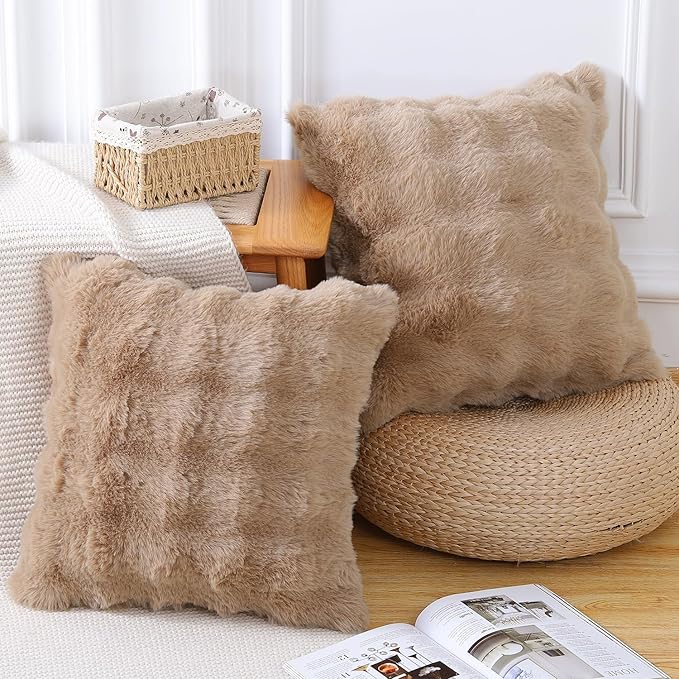 MADIZZ Pack of 2 Thick Plush Faux Wool Throw Pillow Covers Soft Boho Throw Pillows Luxurious Cushion Covers for Couch Sofa Bedroom Living Room Home Decor 20x20 Inch Camel