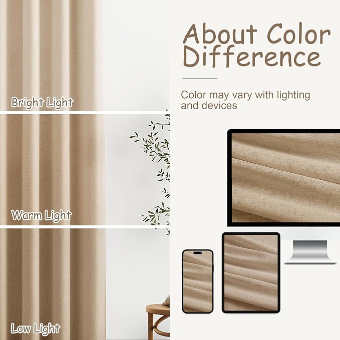 Aersas Sand Beige 90 Inches Long Grommet Linen Curtains 2 Panels Set for Living Room Dining Semi Sheer Light Filtering Boho Farmhouse 90 Inch Length Window Curtain for Bedroom 52x90