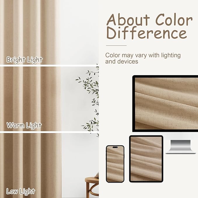 Aersas Sand Beige Linen Grommet Curtains 84 Inches Long for Living Room Bedroom Neutral Boho Farmhouse Privacy Semi Sheer Light Filtering Floor Ceiling Linen Drapes 84 Length 2 Panels Set