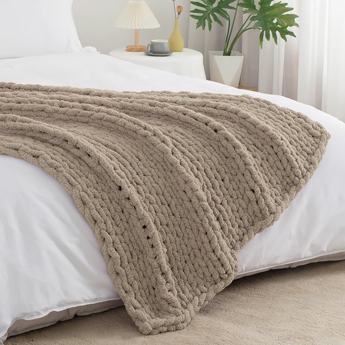 Chunky Knit Throw Blanket 60x80, 100% Handmade Chenille Yarn | 6.7lbs Soft Thick Cable Knitted Blankets, Large Rope Knot Crochet Throws for Couch Sofa Bed Machine Washable, Taupe