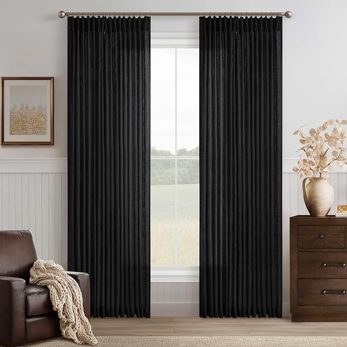 Black Linen 86 Inches Long Curtains 2 Panels Set Pinch Pleated Thick Textured Linen Drapes for Living Room Bedroom Pinch Pleat Back Tab Light Filtering Boho Farmhouse Window Curtains 86 Inch Length