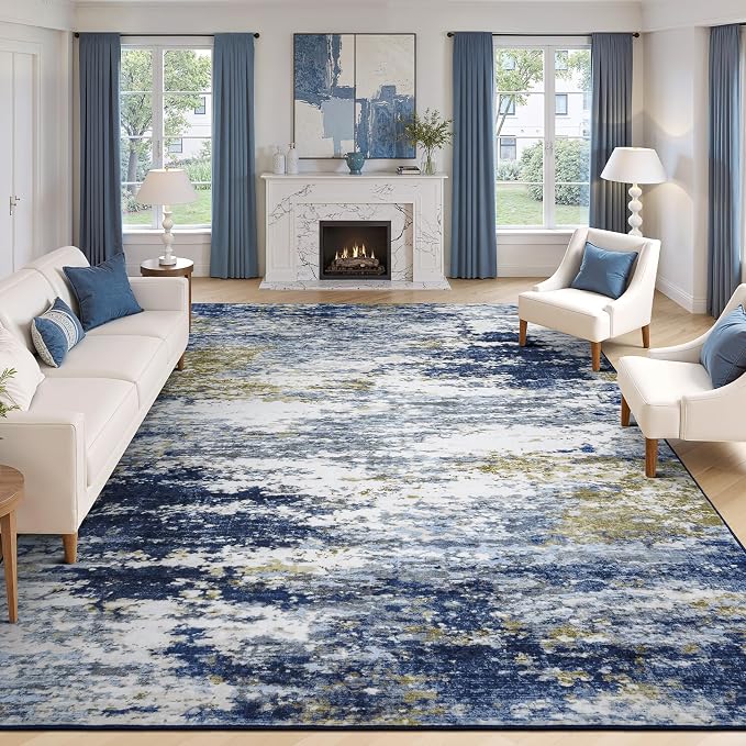 Lofus 8x10 Area Rug for Living Room,Abstract Large Rugs with Non-Slip Backing, Neutral Modern Washable Carpet for Bedroom Dining Room Home Office Nursery Indoor, Dark Blue/Brown