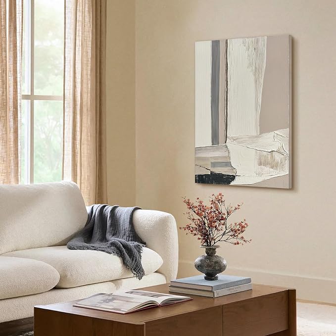 Modern Abstract Neutral Canvas Wall Art, Textured Painting for Living Room | Hand-Painted White Beige Gray Composition Artwork for Bedroom Office Hallways,Large Geometric Wall Decor Ready to Hang 24x36"