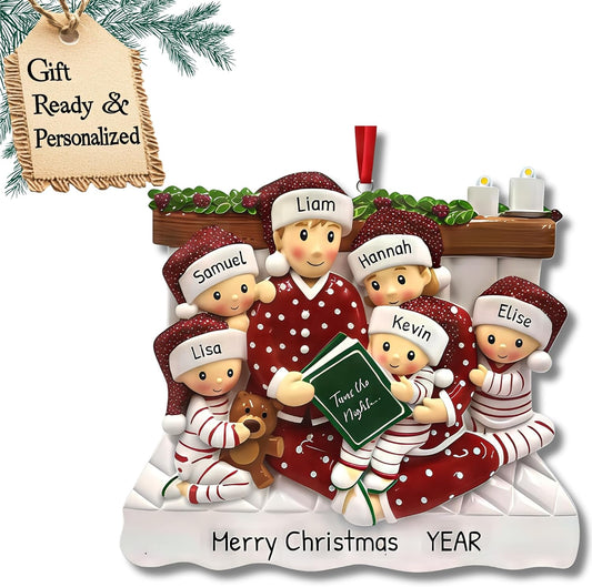 Bedtime Storytelling Family of 6 Christmas Ornament 2025 Personalized Family Christmas Ornaments 2025 | Holiday Reading Personalized Tree Ornaments Customizable Gifts Night and Book of Six Ornament