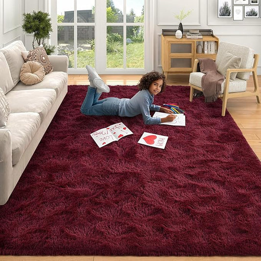 FinRèc Red Rugs for Living Room Bedroom, 3x5 Feet Fluffy Shag Area Rug, Non-Slip Plush Fuzzy Rugs for Nursery Kids Room Dorm Room Home Decor, Indoor Furry Floor Carpet