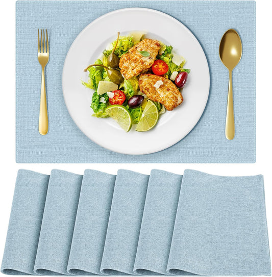 Cloth Placemats, Set of 6 Heat-Resistant Cotton Linen Blend Double Layered Machine Washable Place Mats, Wrinkle Free Thick Fabric Dining Table Mats for Indoors & Outdoors (Sky Blue, 6)