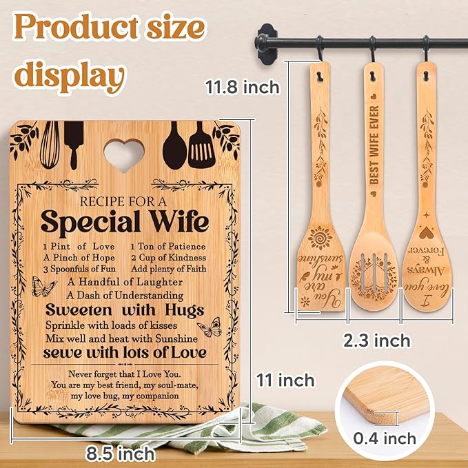 Mothers Day Gifts for Wife - "Recipe for a Special Wife" Birthday Gifts for Wife Cutting Board Set, Bamboo-Made Engraved Utensil Set Gifts for Wife