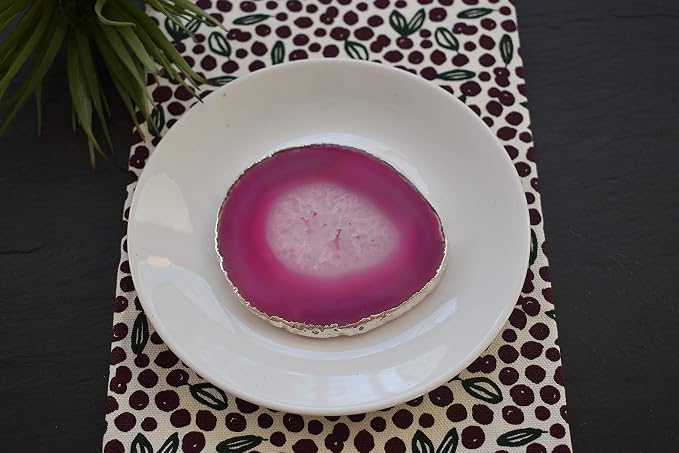Nature's Decorations Pink Silver Rimmed Agate Stone Coasters - Set of 4, Polished Geode Drink Mats for Dining & Coffee Table & Kitchen Geode Decor Non-Toxic 3.5-4” Diameter