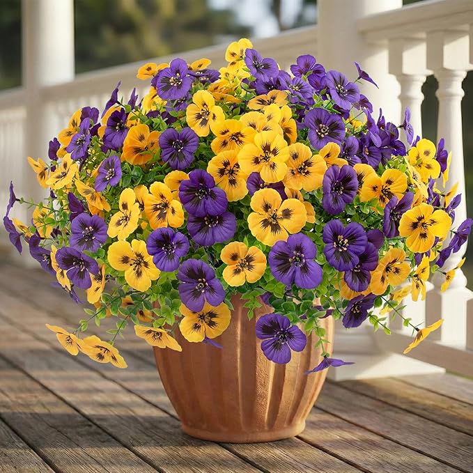 Rowfad 36 Pcs Artificial Fake Pansy Flowers for Outdoor, Faux UV Resistant Silk Pansies Flowers for Outside Planter Front Door Porch Yard Patio Window Box Home Decor (36, Yellow,Purple)
