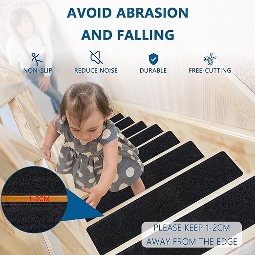 Stair Treads for Wooden Steps, 15 Pack 9" X 30" Non Slip Carpet Stair Treads Indoor with Reusable Adhesive for Kids Elders and Dogs, Surface Polyester TPR Backing Stair Runner Rugs, Black