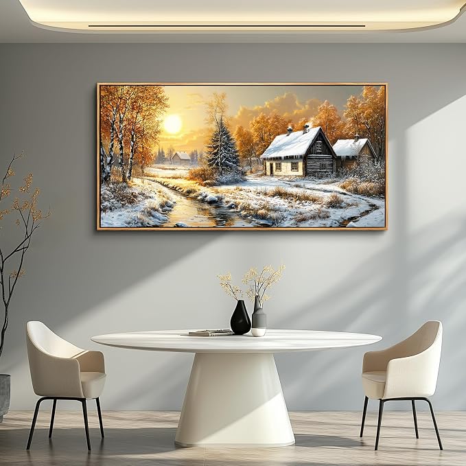 XIGUANGART Snow Landscape Wall Art Framed,Large Canavs Wall Art,Forest Pictures Bedroom,Lake Paintings,Cottage Artwork for Walls,Vintage Rustic Farmhouse Art Prints for Living Room Kitchen,60"x30"