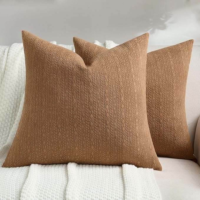 FUTEI Tobacco Chenille Throw Pillow Covers 16x16 Inch Set of 2,Soft Striped & Diamond Textured Cushion Cases,Modern Home Decor for Couch Living Room