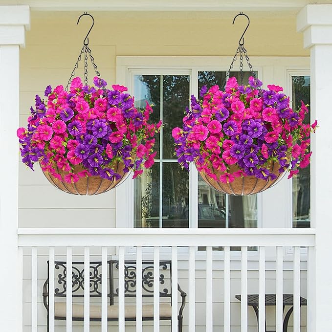 MARTINE MALL 24 Bundles Look Real Artificial Flowers for Outdoors, Realistic Fake Outdoor Flowers, UV Resistant Silk Petunia Flowers for Outside Faux Flowers Plants for Outdoor Porch, Purple+Fuchsia