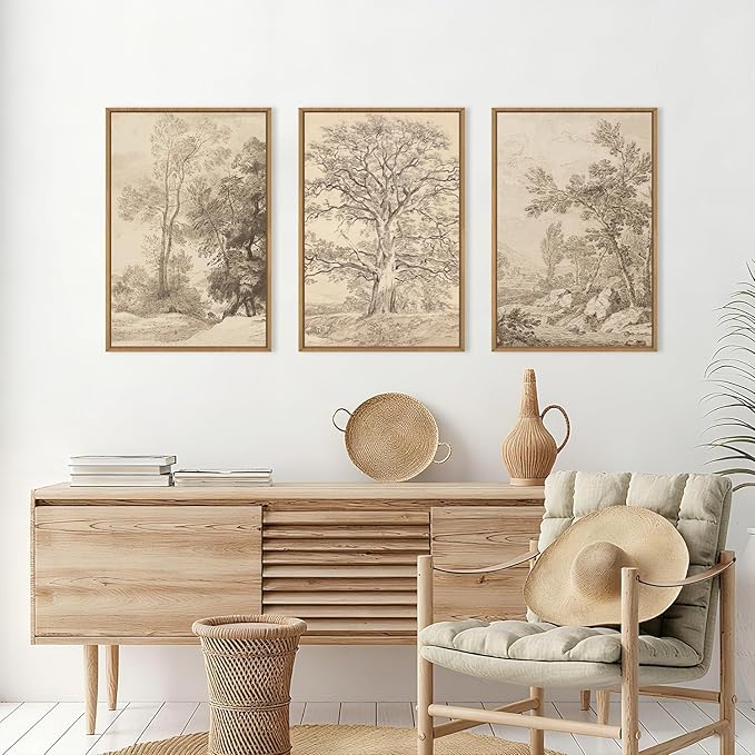 Large Vintage Sketchbook Framed Canvas Wall Art Set, Minimalist Tree Sketch Wall Decor, Neutral Botanical Wall Painting, Boho Nature Landscape Art Print Living Room, Bedroom, Office 16"x24"x3