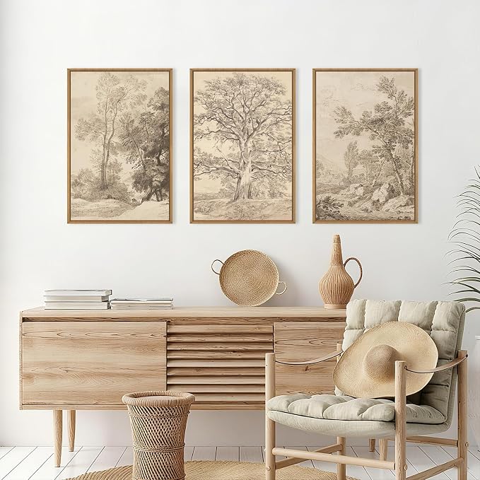 Vintage Sketchbook Forest Framed Canvas Wall Art Set, Neutral Minimalist Tree Wall Decor, Wilderness Illustration Wall Painting, Retro Botanical Art Print Living Room, Bedroom, Office-24"x36"x3
