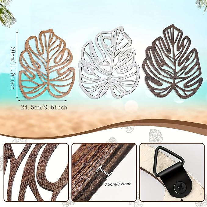Palm Leaves Wood Wall Decor , 3Pcs Tropical Wall Art Jungle Decor, Wooden Natural Leaves Plant Wall Decor, Vintage Tropical Plant Plaque for Home Living Room Kitchen Bedroom Bathroom & Garden, Vintage Brown