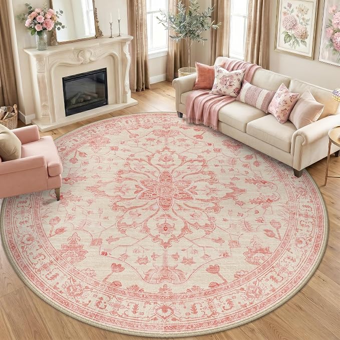 RELEANY Area Rugs Round 8ft Washable Non-Slip, Floral Vintage Distress Medallion Carpet for Living Room Bedroom Dining Room, Pink Light Vintage Pink