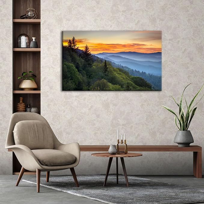 Large Nature Wall Art Great Smoky Mountains Canvas Pictures for Bedroom National Park Foggy Forest Wood Framed Painting Sunrise Photo Artwork Misty Landscape Living Room Dinner Home Decorations 32x48