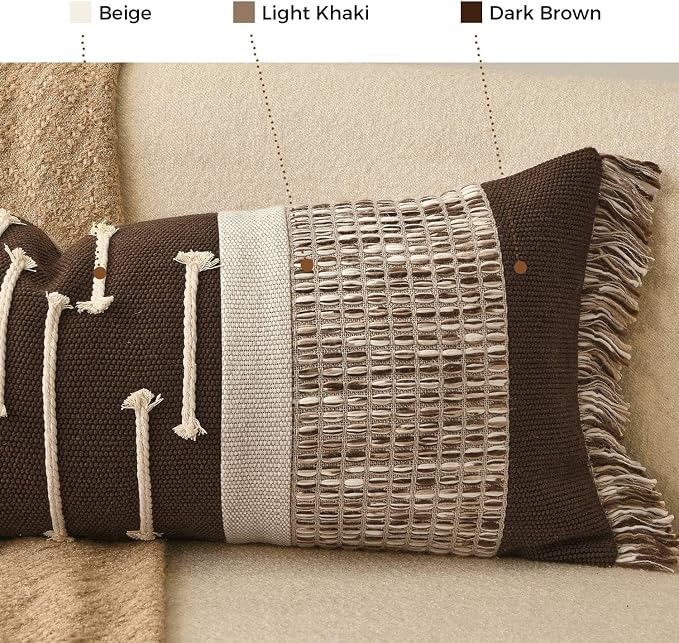 Dark Brown Boho Decorative Lumbar Pillow Cover 14x36 | Modern Farmhouse Long Lumbar Decorative Pillows Cushion Case with Handmade Drawn Work Tassel for Bed Couch