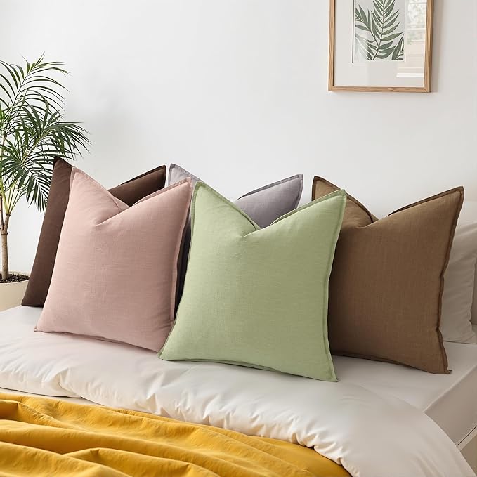 decorUhome Summer Decorative Linen Throw Pillow Covers 20x20 Inch Set of 2 Sage Green Pillow Covers with Flange Edges Soft Farmhouse Boho Accent Pillow Cases for Couch Bed Living Room