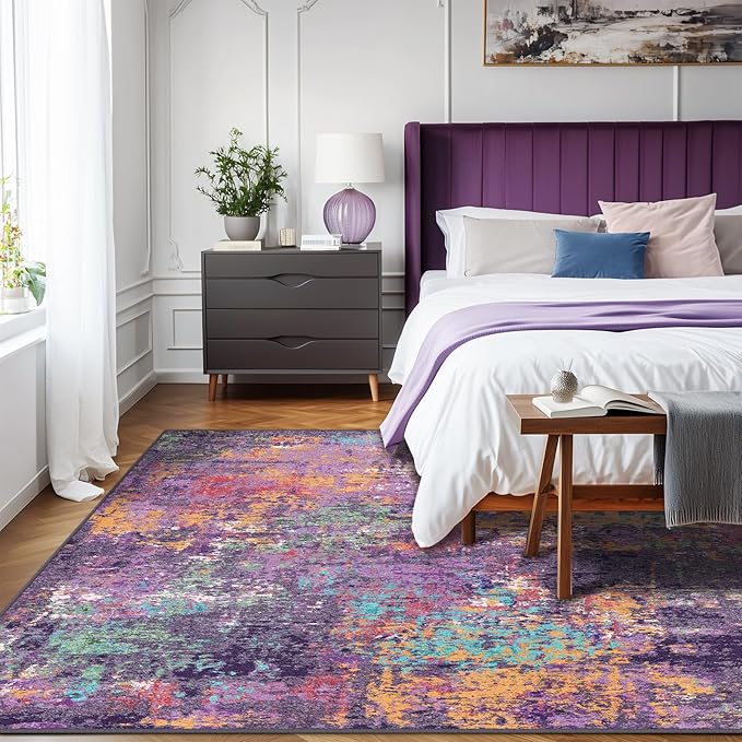 RELEANY Washable Area Rugs 6'x8' Non-Slip Modern Abstract Soft for Living Room Entryway Bedroom Nursery, Print Pattern, Purple Orange Blue Green Rust Red Colorful