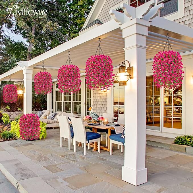 Artificial Hanging Flowers for Outdoors Spring Summer Decoration, 4PCS UV Resistant Silk Fake Hanging Plants for Patio Porch Front Yard Window Garden Indoor Decor(Hot Pink,8PCS)