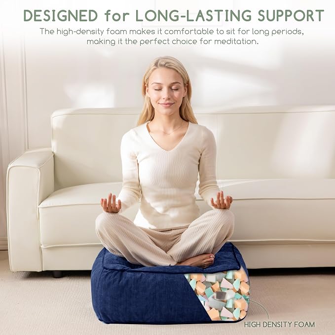 HIGOGOGO 8" Extra Thick Floor Pillow Cushion for Adults, Meditation Cushion Pillow with Handle, Lustrous Chenille Tufted, Square Floor Sitting for Tatami Living Room or Yoga, 22x22 Inch, 2Pack, Navy