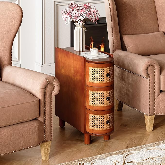 LITTLE TREE Solid Wood End Table, Rattan Narrow Side Table with 3 Drawers, No Assembly Required, Nightstand Bedside Tables for Living Room, Bedroom, Office, Bathroom, Brown