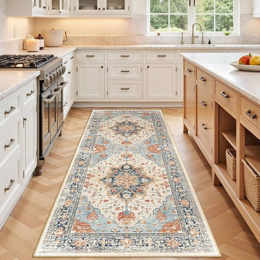 RELEANY Area Rugs 3'x7' Runner Rug Non Slip Washable for Kitchen Hallway Bedroom Beside Laundry Room Bathroom Rug, Floor Carpet, Beige Navy Blue Orange Colorful
