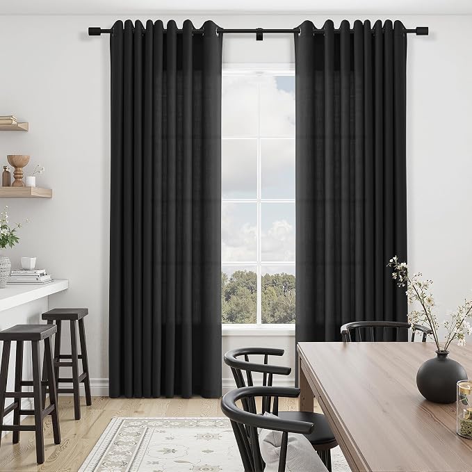 Black Linen Curtains 108 Inches Long for Living Room Extra Long 2 Panels Set Semi Sheer Grommet High Window Curtain 9ft Privacy Bedroom Decor Textured Linen Blend Drapery for Living Room 52X108