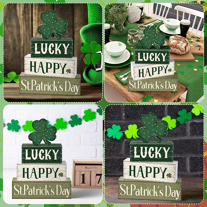 Marsui 4 Pcs St. Patrick's Day Decorations Shamrock Wooden Signs Green Irish Tabletop Centerpieces rustic Distressed Shamrock Blocks St Patricks Day Decor for Home Table Kitchen Shelf Tiered Tray