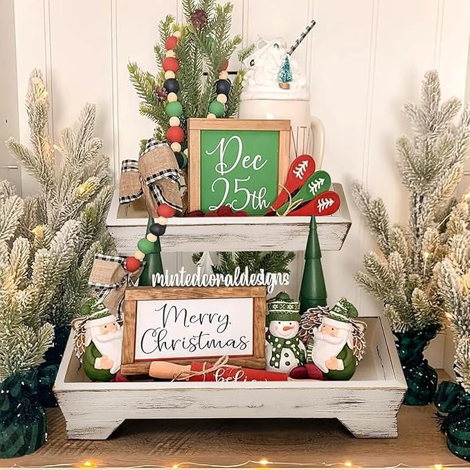 Farmhouse 2 Tiered Tray Stand for Home Decor, Wooden Serving Tiered Tray for Coffee Bar Table Centerpiece, Decorative Trays Kit for Countryside, Round Rustic Stand for Cake Cupcake (Washing White)