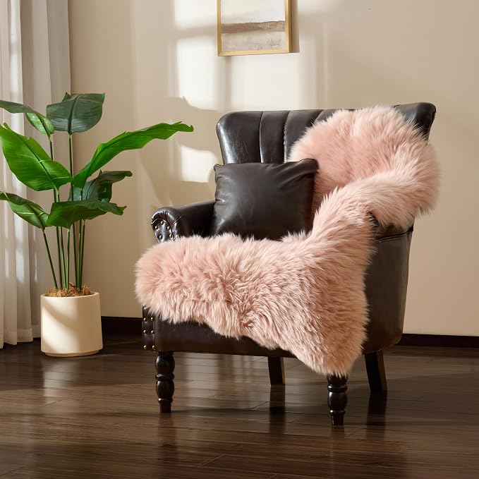 Premium Genuine Sheepskin Area Ruge - Real Wool Fur Shaggy Carpet | Fluffy Soft Natural Lambskin Rug Seat Chair Covers for Couch Sofa Bedroom Living Room(Pink,2×3 Feet Sheepskin)