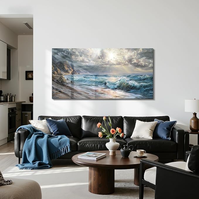imjiayu Extra Large Wall Art, Beach Wall Art, Coastal Wall Decor, Ocean Wave Pictures Artwork, Modern Seascape Prints, Nature Big Paintings for Living Room Bedroom Dining Room Home Office Hotel 29"x57"
