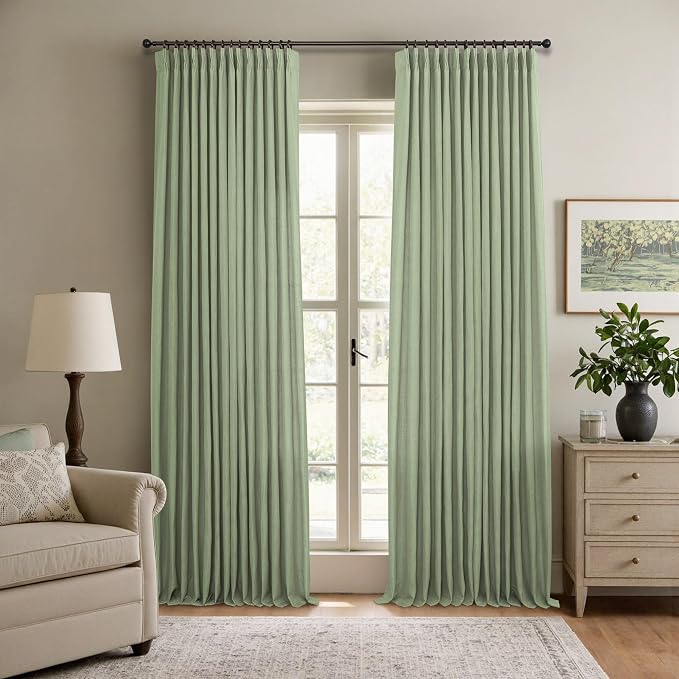 Sage Green Curtains 84 Inch Length 2 Panels for Bedroom Aesthetic Pinch Pleat Back Tab Light Filtering Semi Sheer Pleated Drapes Linen Textured Airy Modern Farmhouse Living Room Boho Decor 40x84 Long