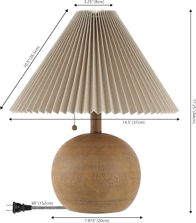 JONATHAN Y 17.25" Brown Wood Finish Sphere Table Lamp, Mid-Century Bedside Nightstand with Beige Pleated Linen Shade, Scandinavian Coastal Style, LED Bulb Included JYL1145A