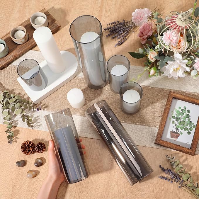 Shihanee Set of 6 Pillar Candles and Glass Cylinder Vases Assorted Sizes Cylinder Holders for Pillar Candles Home Table Centerpieces Wedding Party Decorations (White,Smoky Black)
