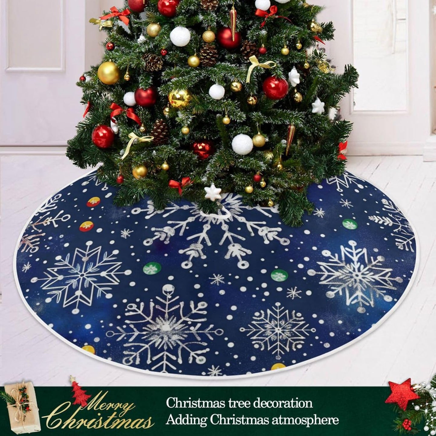 Christmas Tree Skirt, 36 Inch White Snowflakes Blue Background Xmas Tree Skirt for Christmas New Year Party Decorations Christmas Tree Mat